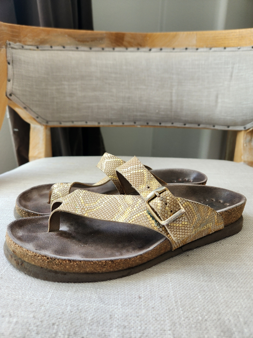 Mephisto Leather Gold Snake Slide Sandal "Helen" 38 7.5-8 Birkenstock Style
